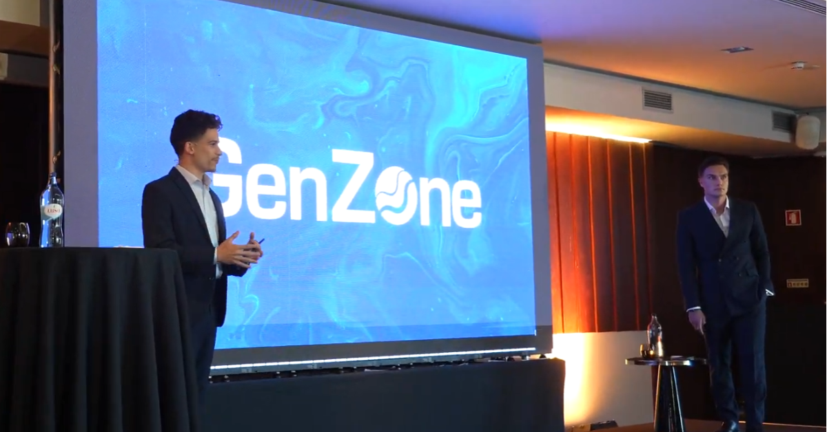 Kevin McKenzie and Liall Smith presenting GenZone's Dubai relocation playbook to European investors at Portugal Summit