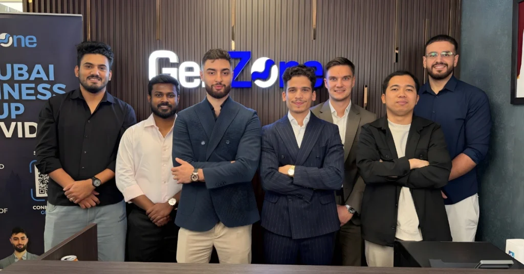 The GenZone team posing for a group photo at the GenZone headquarters in Business Bay, Dubai.