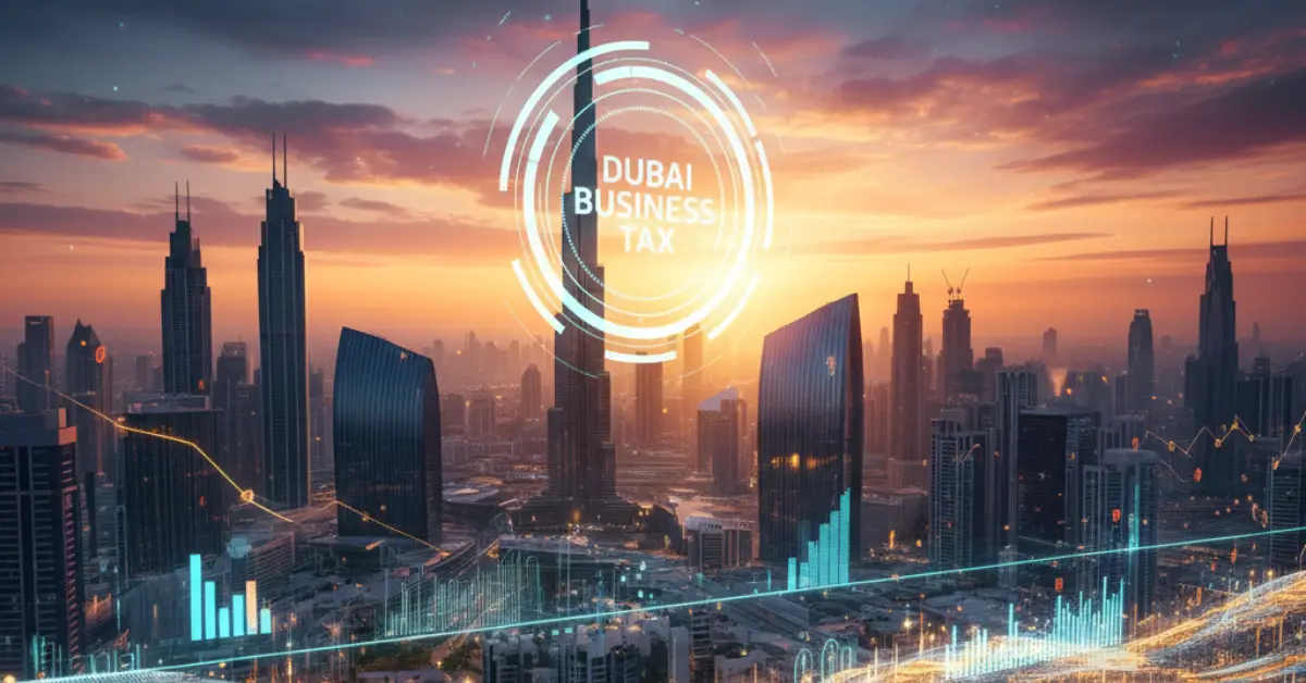 Business team in Dubai reviewing corporate tax documents with the city skyline in the background, symbolizing the introduction of UAE corporate tax and GenZone’s real filing experience