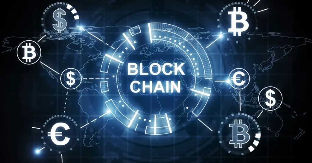 Visual graphic of a global blockchain network with digital currency icons, representing decentralized finance and crypto technology.