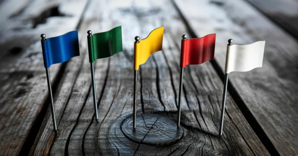 Five small coloured flags placed on a wooden surface, symbolizing the Five Flag Theory of global citizenship and diversification.