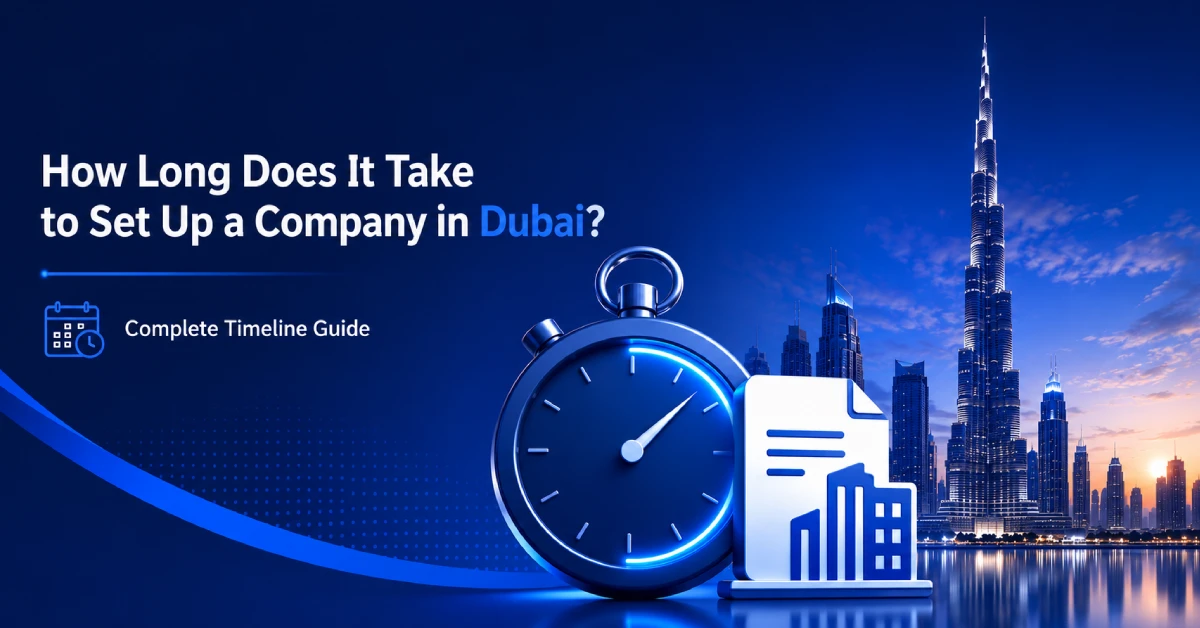 How long does it take to set up a company in Dubai? Business setup timeline guide with Dubai skyline and stopwatch.