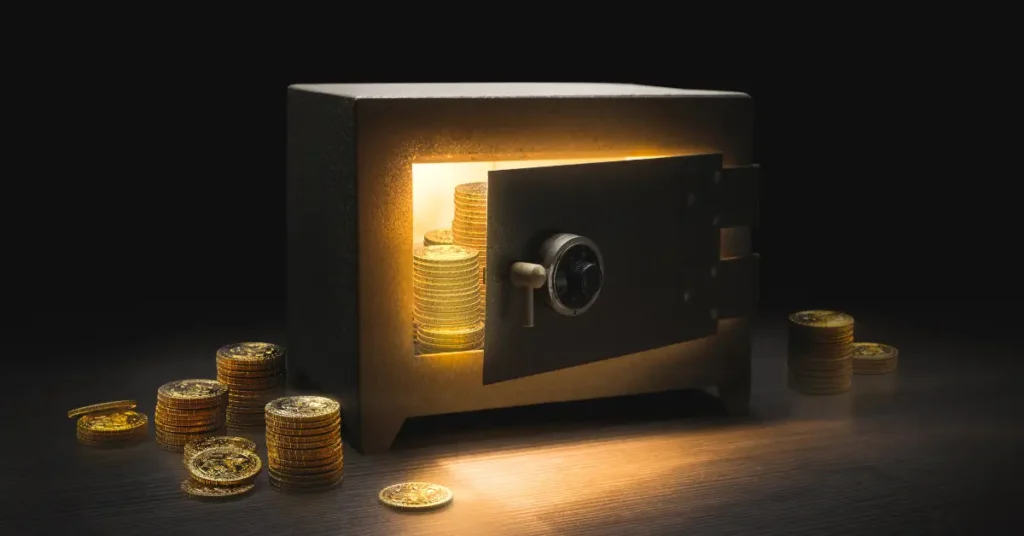 A secure safe filled with gold coins representing strong financial security in Dubai banks
