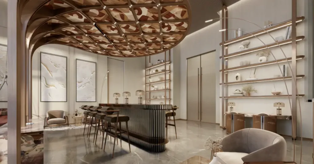 Sophisticated clubhouse lounge inside The Symphony, showcasing contemporary bar seating, artistic ceiling design, and premium interior finishes.