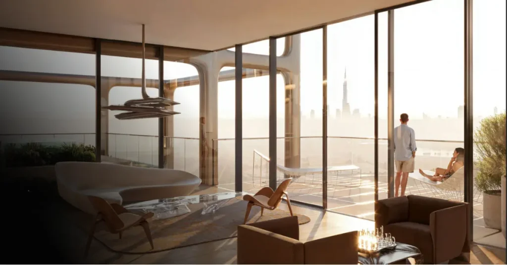 Luxurious interior living space at The Symphony by Imtiaz with floor-to-ceiling windows and panoramic views of Downtown Dubai and Burj Khalifa.