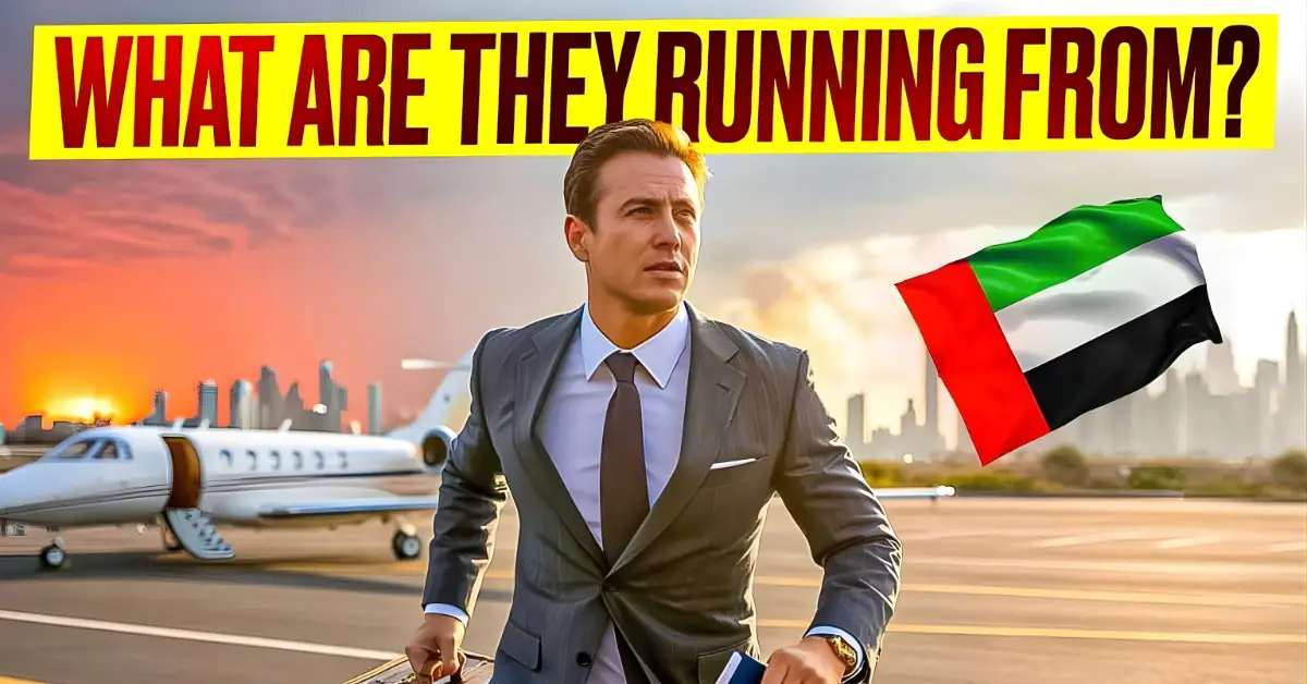 A wealthy businessman rushing from a private jet with the UAE flag in the background, symbolizing the move of UK elites to Dubai.