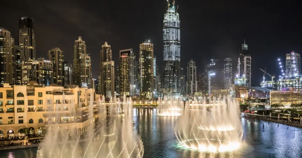 Dubai Downtown business district with luxury commercial real estate and company setup hubs near Burj Khalifa and Dubai Fountain