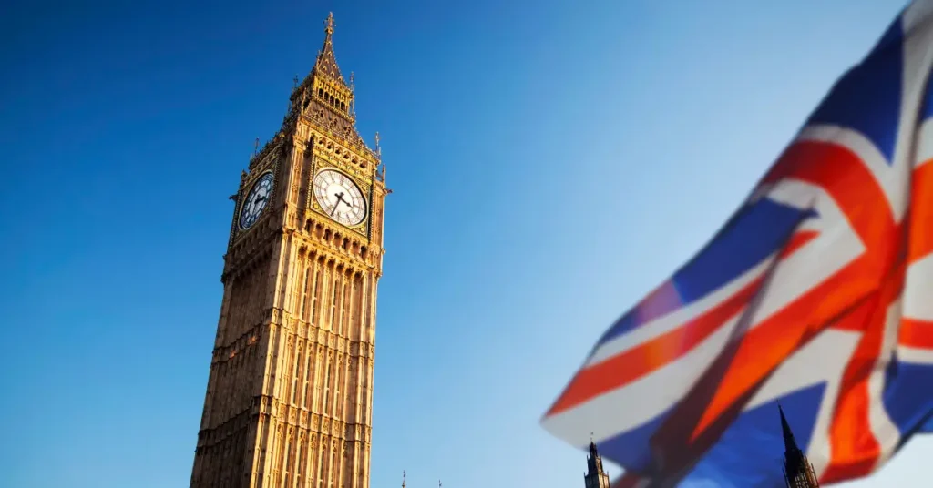 Big Ben and the UK flag representing the starting point for moving from the UK to Dubai
