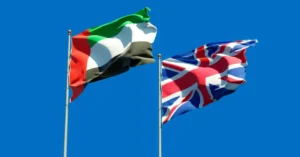 UK and UAE flags side by side, symbolising relocation from the UK to Dubai