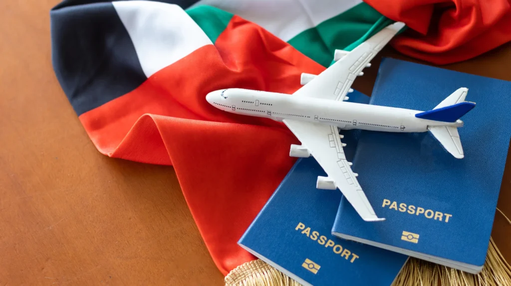 Airplane over UAE flag and passports symbolizing fast-track Dubai residency, visa approval, and relocation within one week