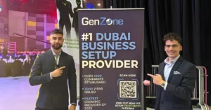 GenZone founders Kevin and Shayan at Fight Gecko Combat Series 2 event in Dubai showcasing sponsorship and business setup leadership.