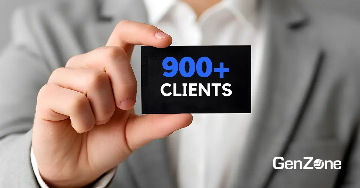 Business professional holding a card that says “900+ clients,” highlighting GenZone’s proven success in Dubai business setup and relocation.