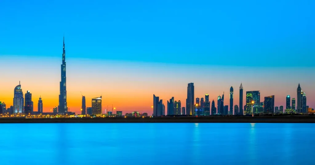 Dubai skyline at sunset showcasing the city’s global business hub and destination for professionals