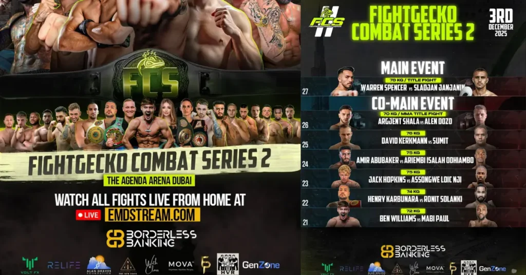 Fight Gecko Combat Series 2 full fight card lineup showcasing all matchups and athlete categories in Dubai event.