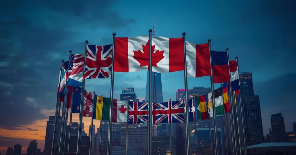 International flags representing clients from multiple countries relocating to Dubai with GenZone’s business setup and visa services.