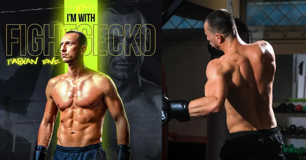 Fabian Ene of Fight Gecko at the Dubai event, representing the brand’s rapid growth in the combat sports industry.