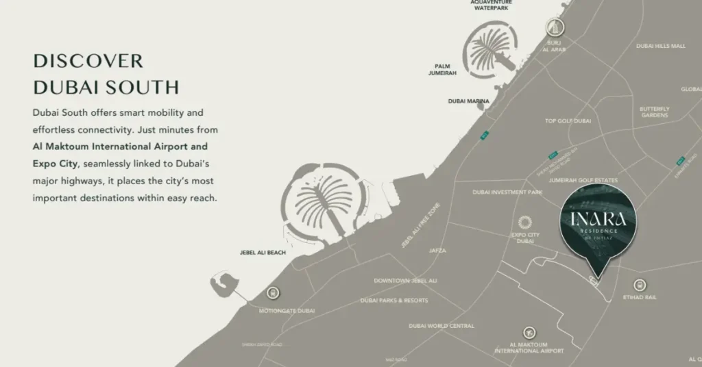 Location map showing Inara Residence in Dubai South with proximity to Al Maktoum Airport, Expo City, and major highways
