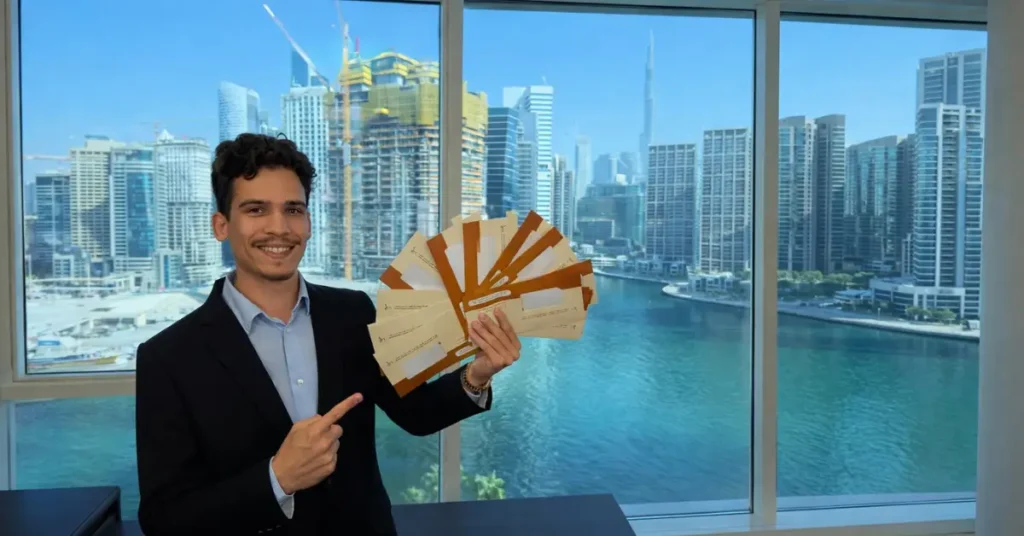 GenZone co-founder Kevin holding multiple Emirates IDs in Dubai, marking a new internal delivery record