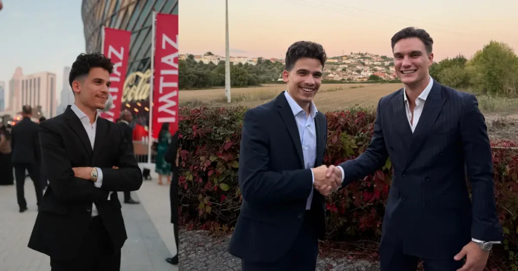 Kevin McKenzie and GenZone real estate advisor Liall Smith shaking hands at a business event, discussing property investment opportunities in Dubai.