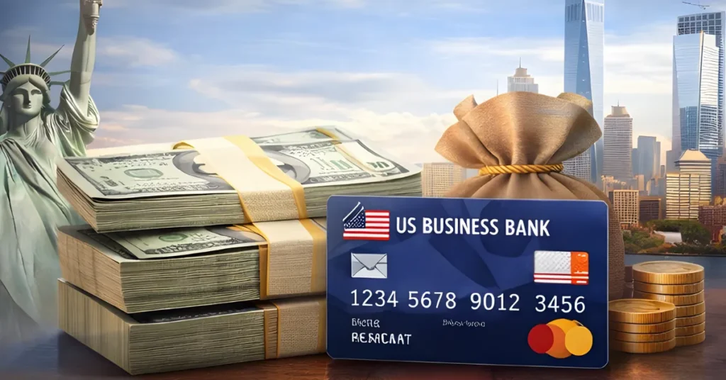 US business bank card, cash and skyline illustrating access to US banking and USD payments through a US LLC.