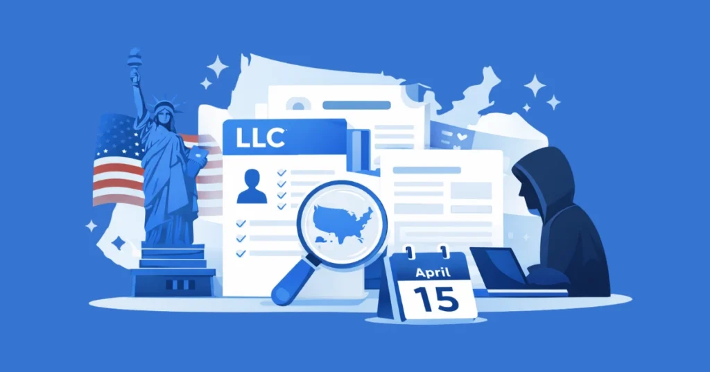 US LLC filings for non-residents illustrated with documents, IRS forms, and compliance elements showing deadlines and requirements