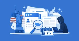 US LLC filings for non-residents illustrated with documents, IRS forms, and compliance elements showing deadlines and requirements