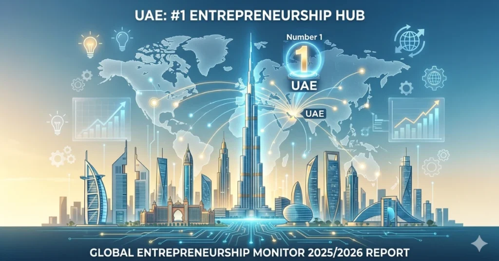 UAE ranked #1 for entrepreneurship in GEM 2025/2026 report with Dubai skyline and business growth visuals