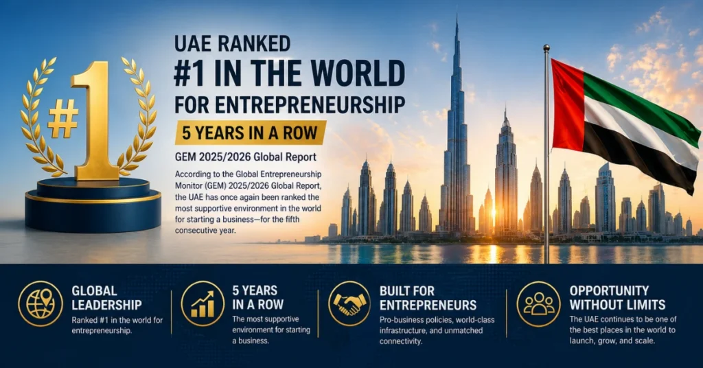 UAE as global entrepreneurship hub with world map connections, Dubai skyline and GEM 2025/2026 insights