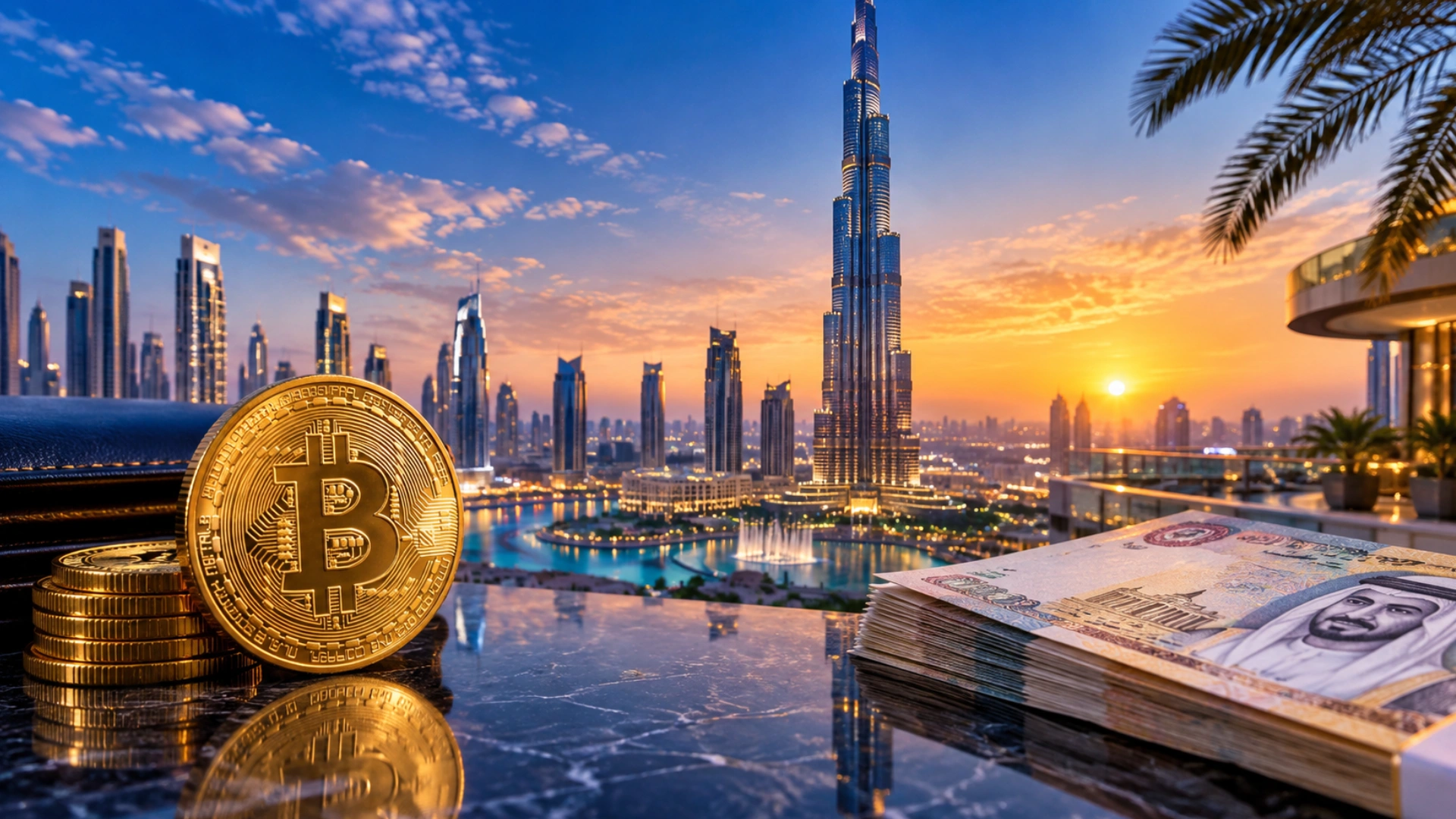 Bitcoin and UAE dirham cash on a luxury Dubai terrace overlooking the Burj Khalifa at sunset.
