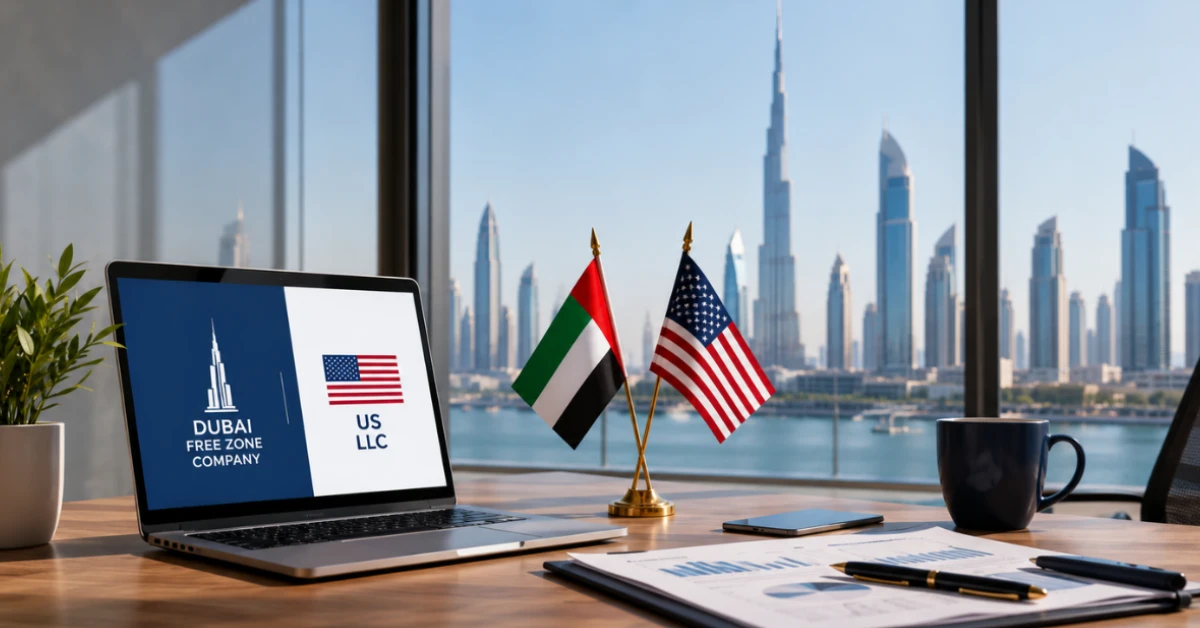 Entrepreneur workspace overlooking Dubai skyline with laptop, UAE residency documents and modern business view.