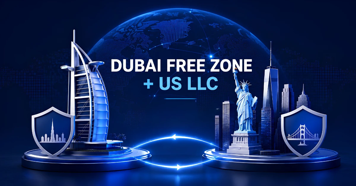 Dubai Free Zone company owner reviewing US LLC formation documents at a desk in Business Bay, Dubai