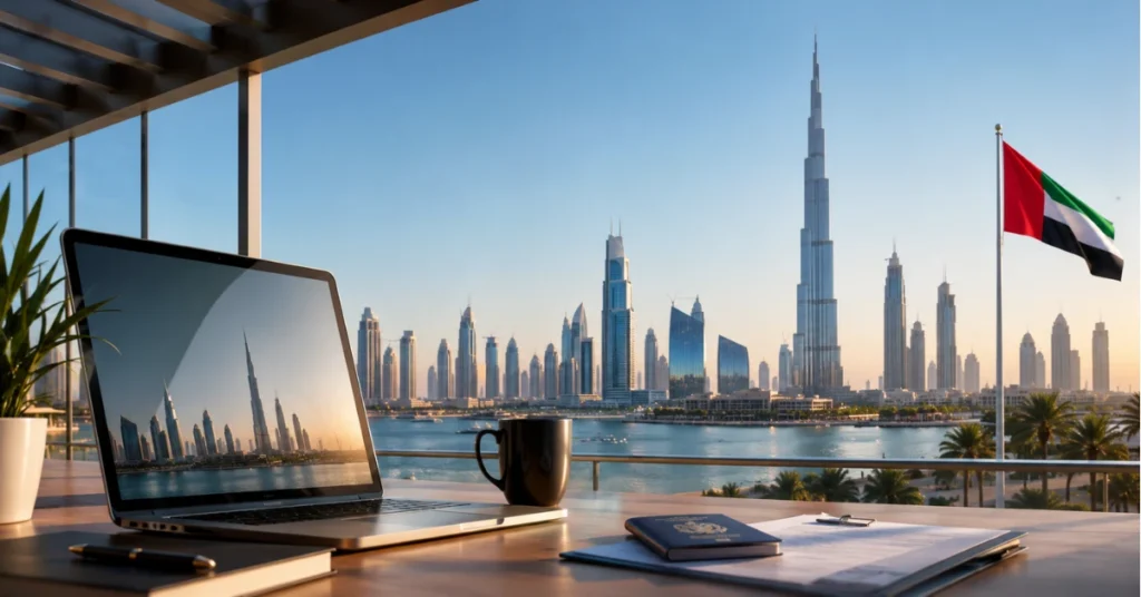 Visual showing Dubai Free Zone and US LLC structures serving different roles in an international business. 