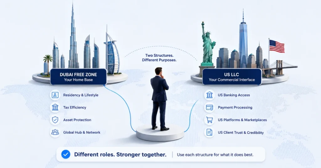 Office scene with Dubai skyline, UAE and US flags, illustrating a US LLC added to a Dubai company structure. 