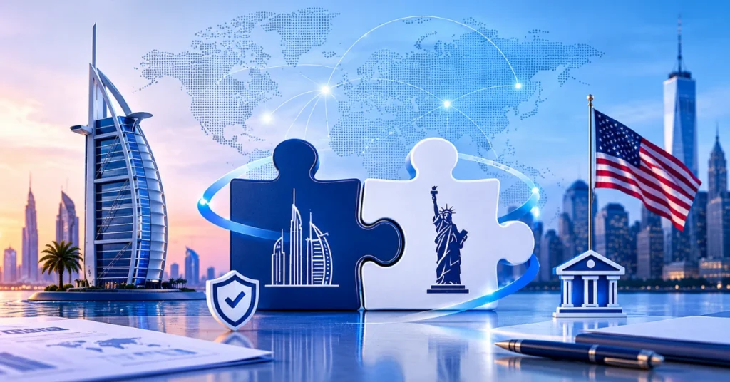 Dubai Free Zone and US LLC corporate framework illustration with global expansion and compliance visuals