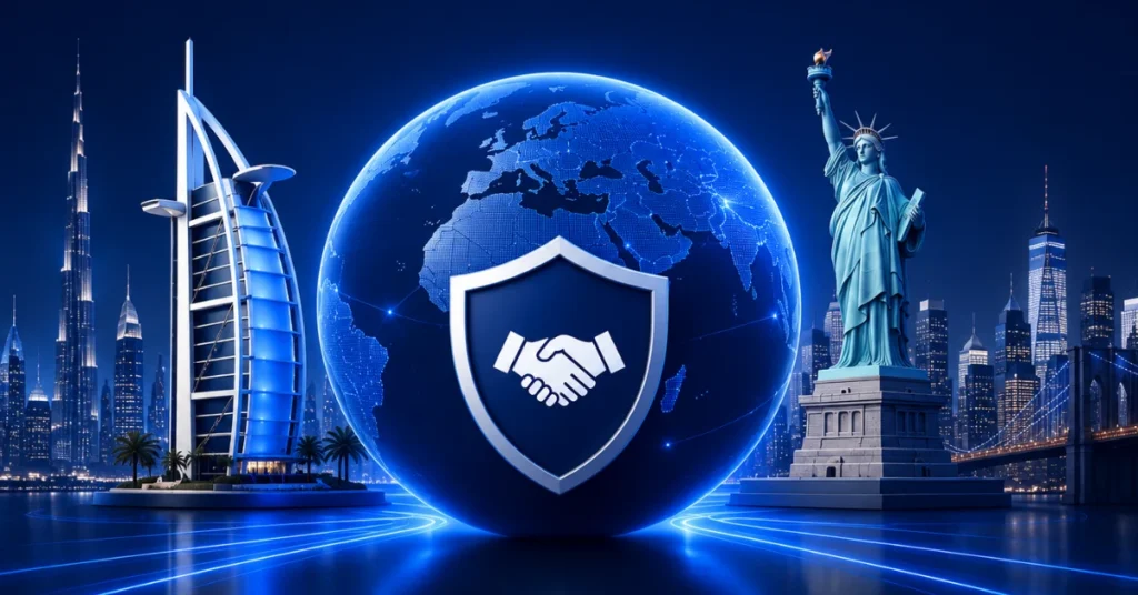 Dubai Free Zone and US LLC business structure illustration with global banking and international setup theme