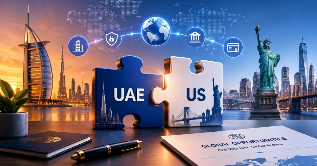 UAE and US business partnership puzzle illustration showing global company structure and banking access