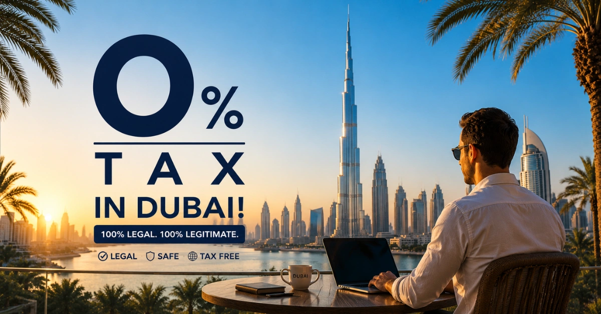 Entrepreneur overlooking Dubai skyline while exploring legal 0% tax residency and business setup opportunities.