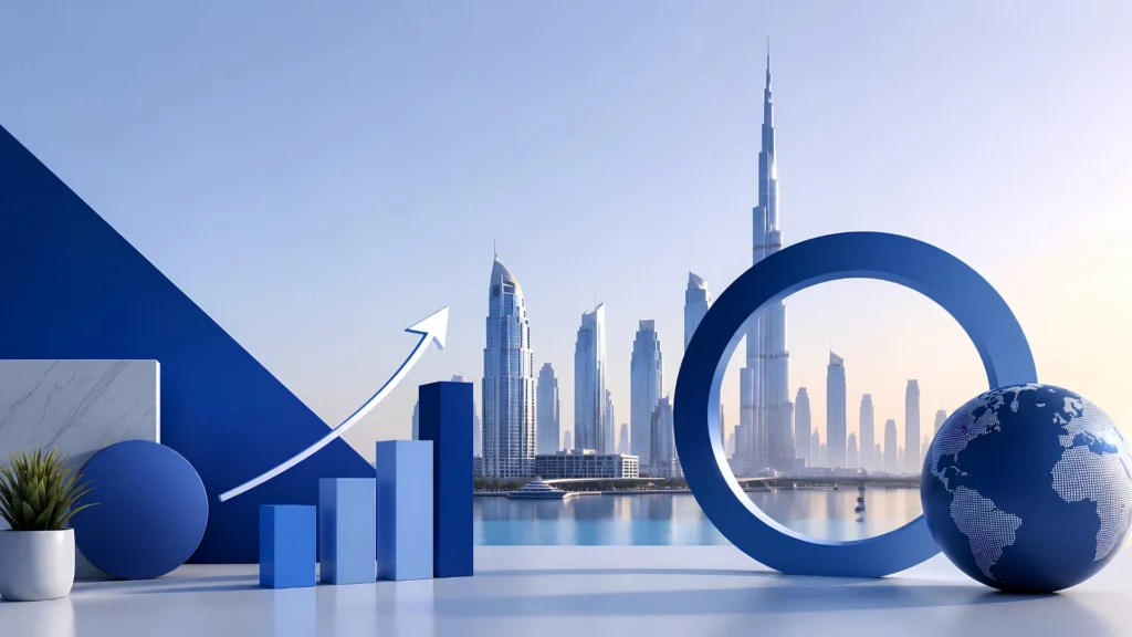 Dubai skyline with growth chart, location marker and business expansion symbols representing investment opportunities.