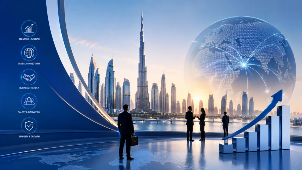 Dubai skyline with growth graph and global sphere illustrating company formation, business growth and expansion.