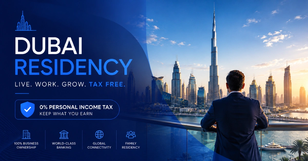 Entrepreneur overlooking Dubai skyline showcasing UAE residency, tax freedom, business setup and relocation benefits.