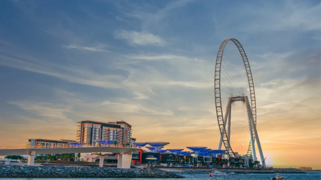 Dubai waterfront with Ain Dubai showcasing the city's modern infrastructure and business-friendly environment