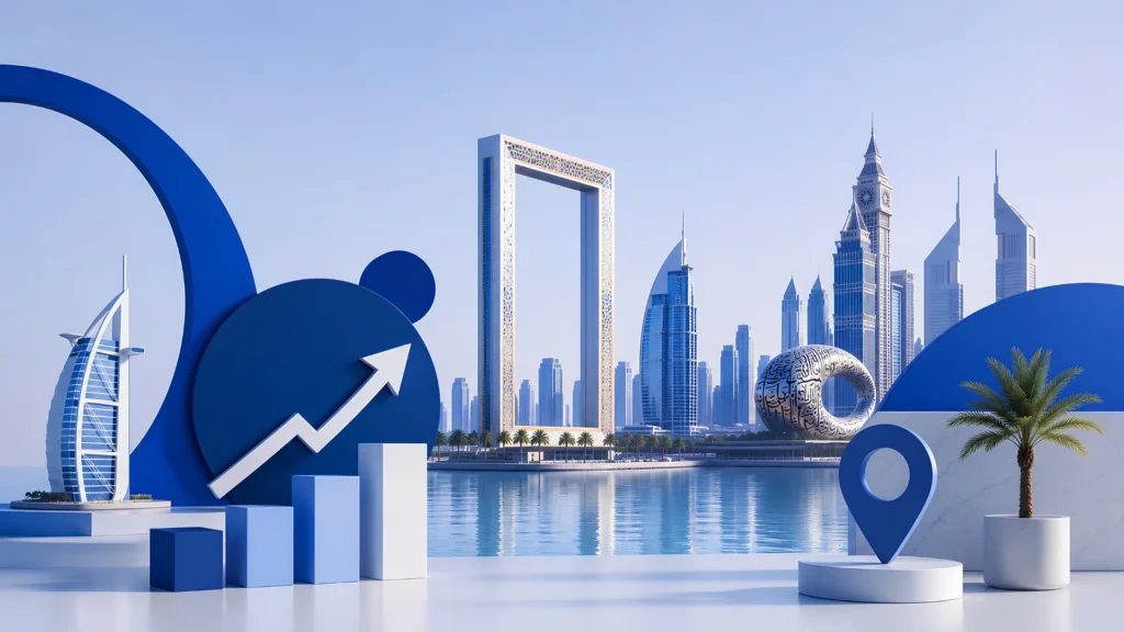 Business professionals overlooking Dubai skyline with global network connections highlighting international trade.