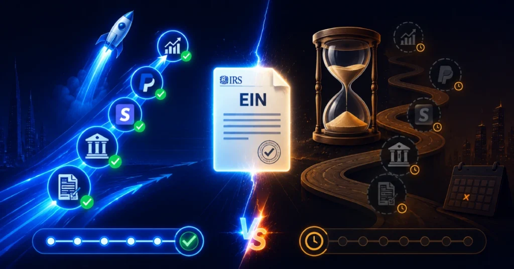 Visual comparison of fast EIN approval versus lengthy IRS delays affecting banking, Stripe and business launch.