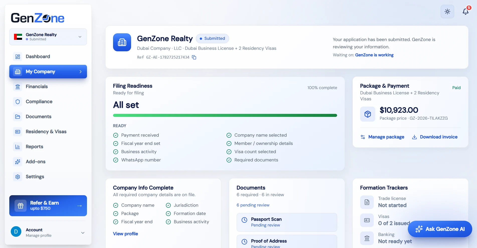 GenZone LaunchPad, My Company dashboard showing filing readiness, package and payment, documents and formation trackers