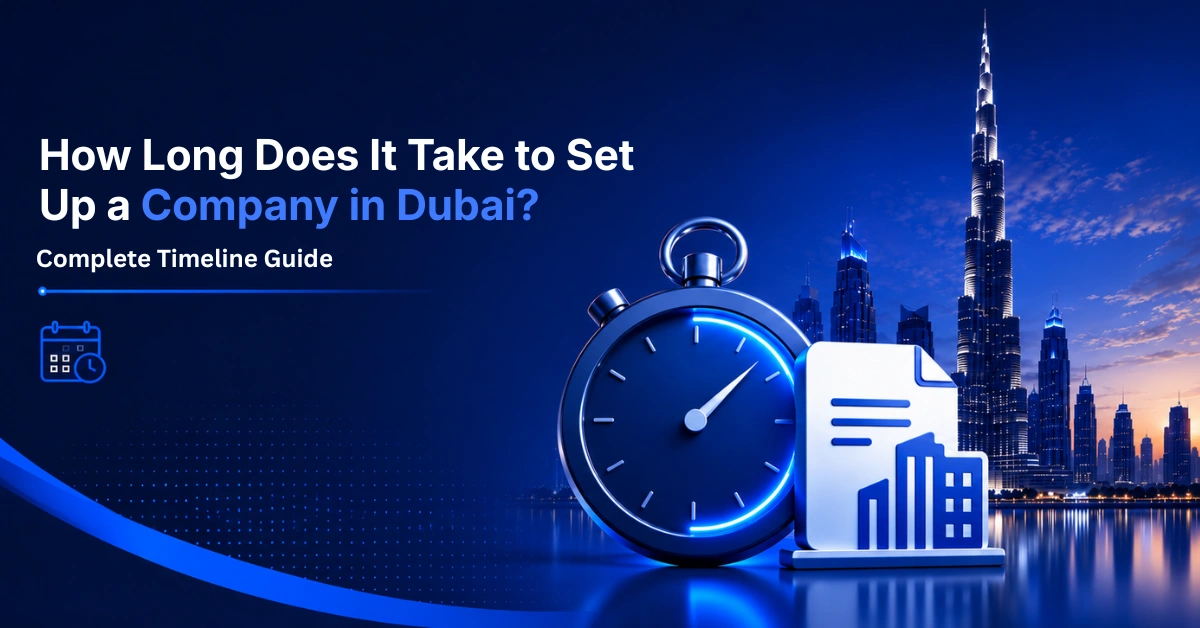 How long does it take to set up a company in Dubai? Business setup timeline guide with Dubai skyline and stopwatch.