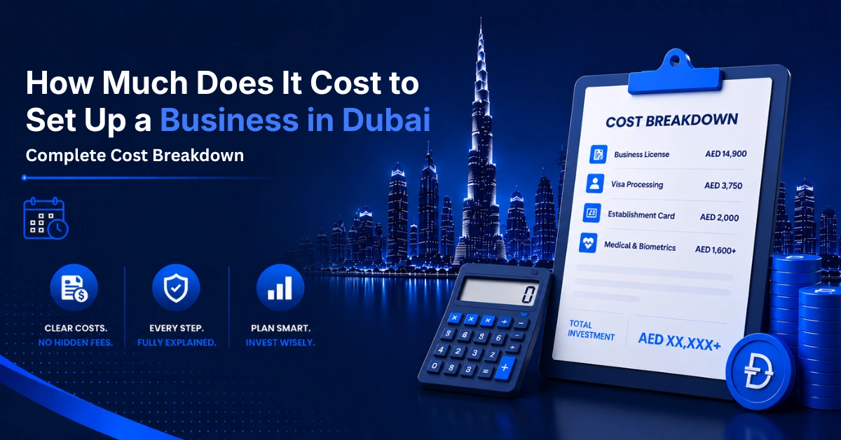 Dubai business setup cost breakdown featuring calculator, clipboard, skyline, and transparent pricing guide.