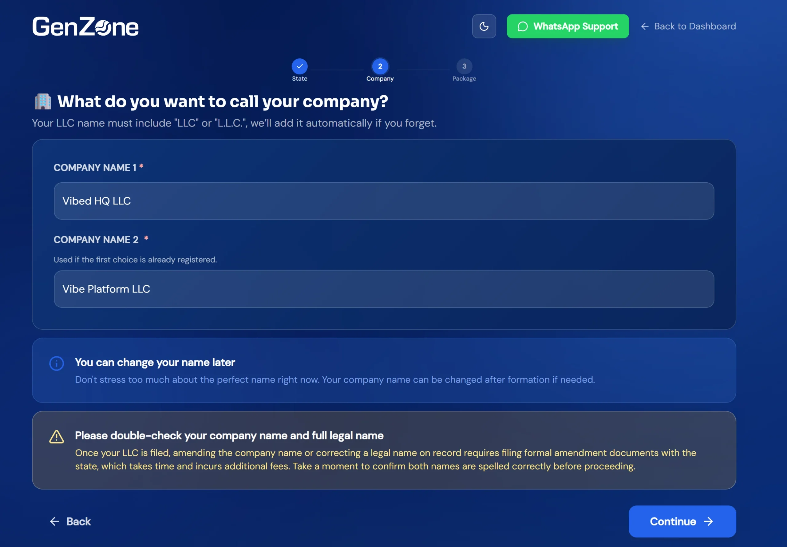 Name your company screen, entering two LLC name options, GenZone LaunchPad