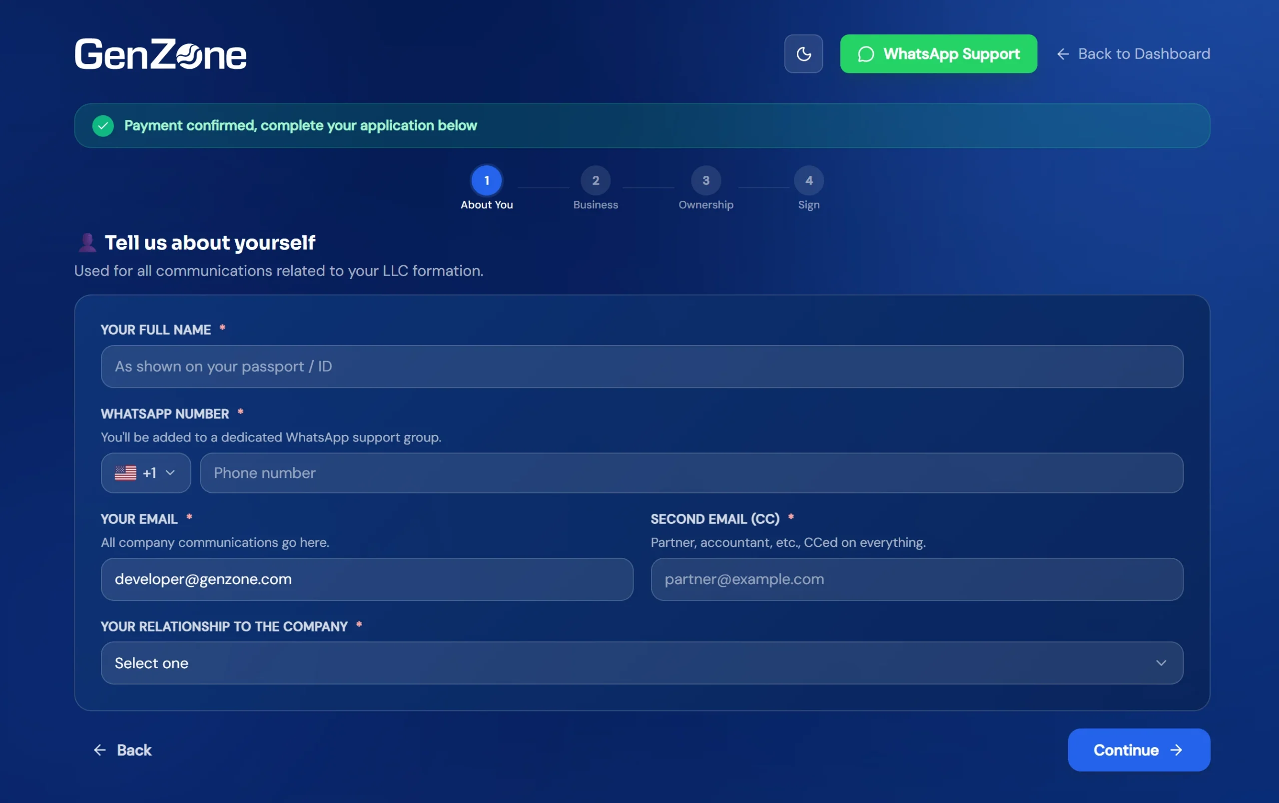 Tell us about yourself screen, entering founder details and WhatsApp number, GenZone LaunchPad