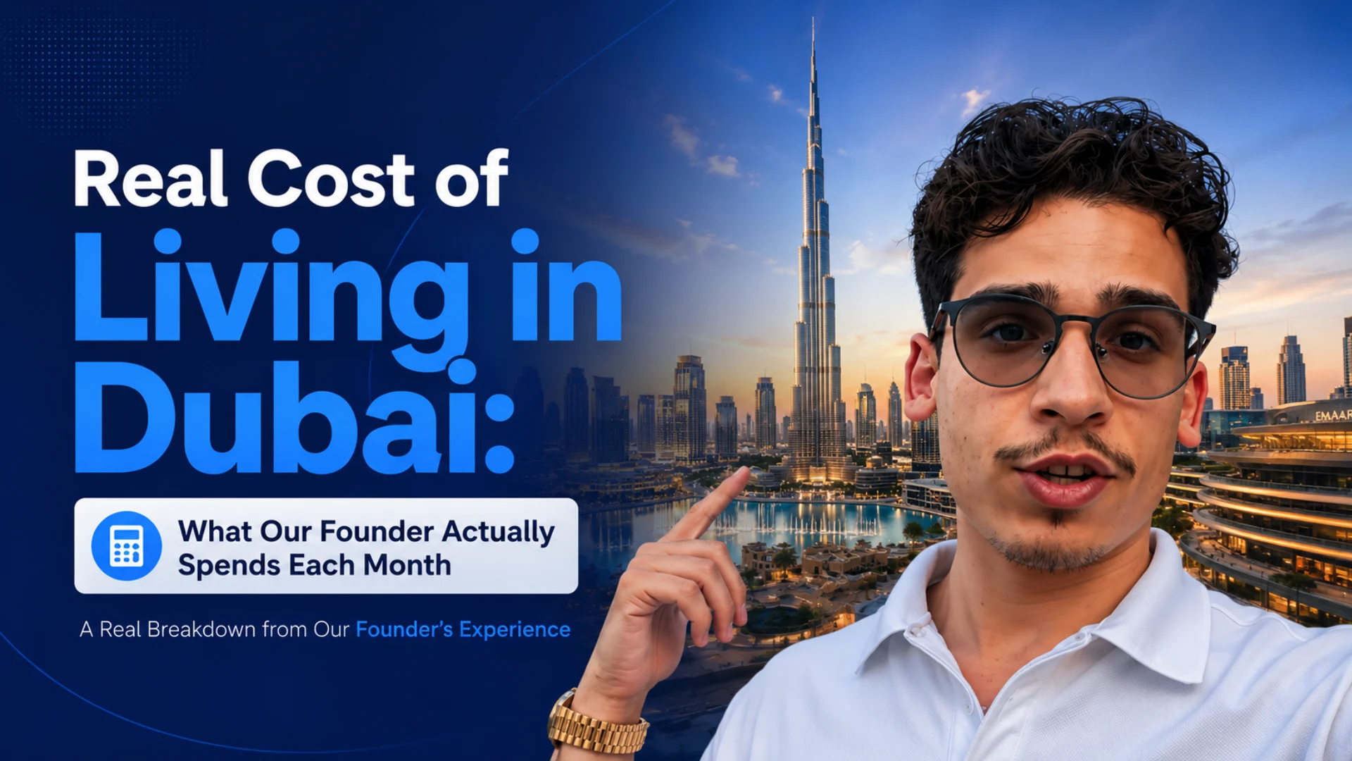Real Cost of Living in Dubai featuring GenZone founder experience, Dubai skyline, Burj Khalifa, and monthly spending insights.