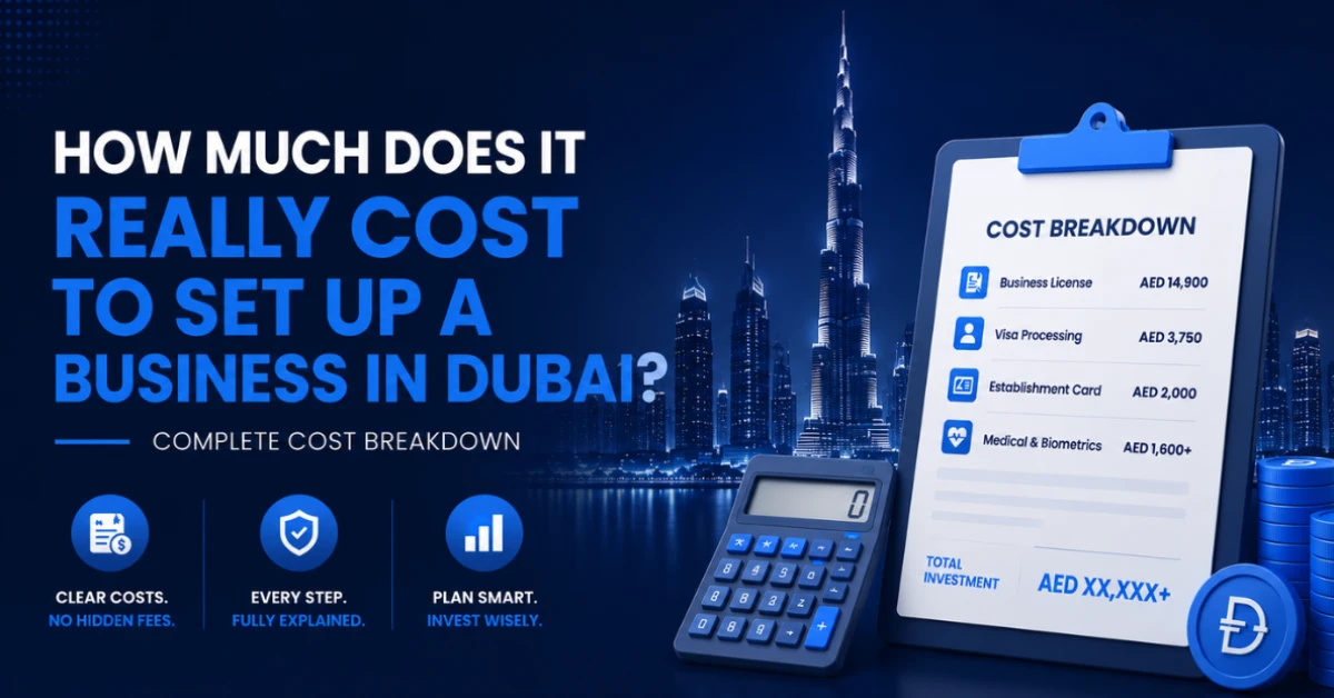 Dubai business setup cost breakdown featuring calculator, clipboard, skyline, and transparent pricing guide.